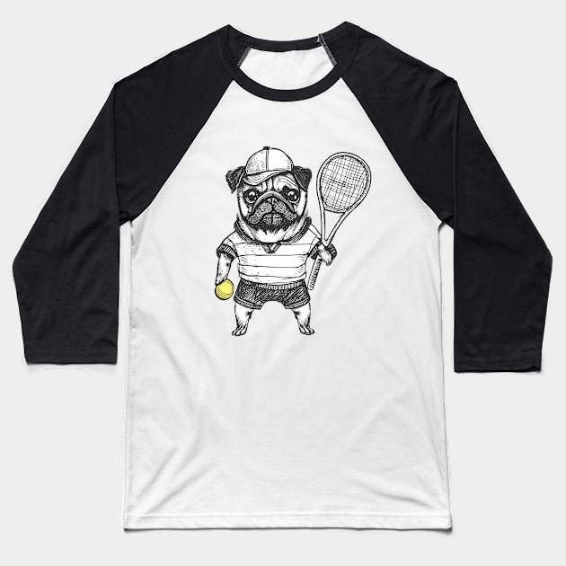 Tennis Pug Baseball T-Shirt by Pickledjo